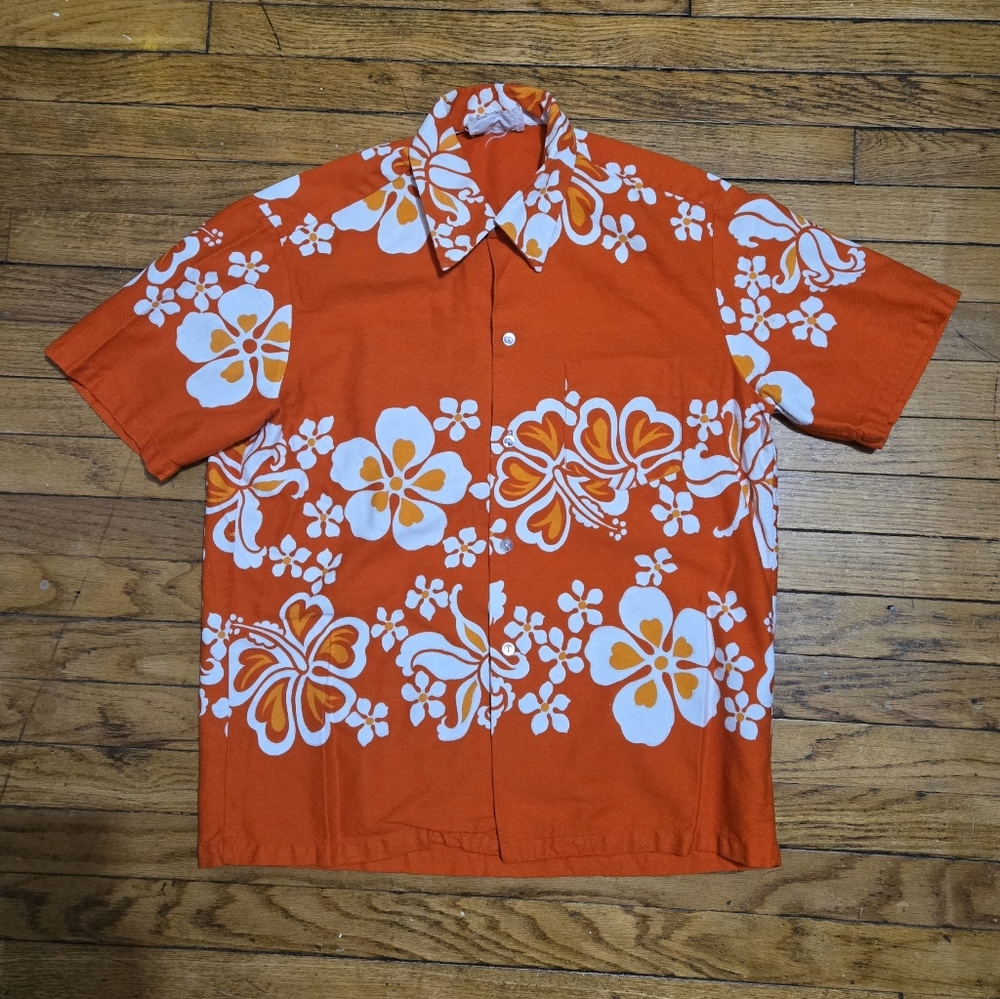 vtg 60s Diamond Head Sportswear L Orange Psychedelic Bark Cloth Hawaiian shirt